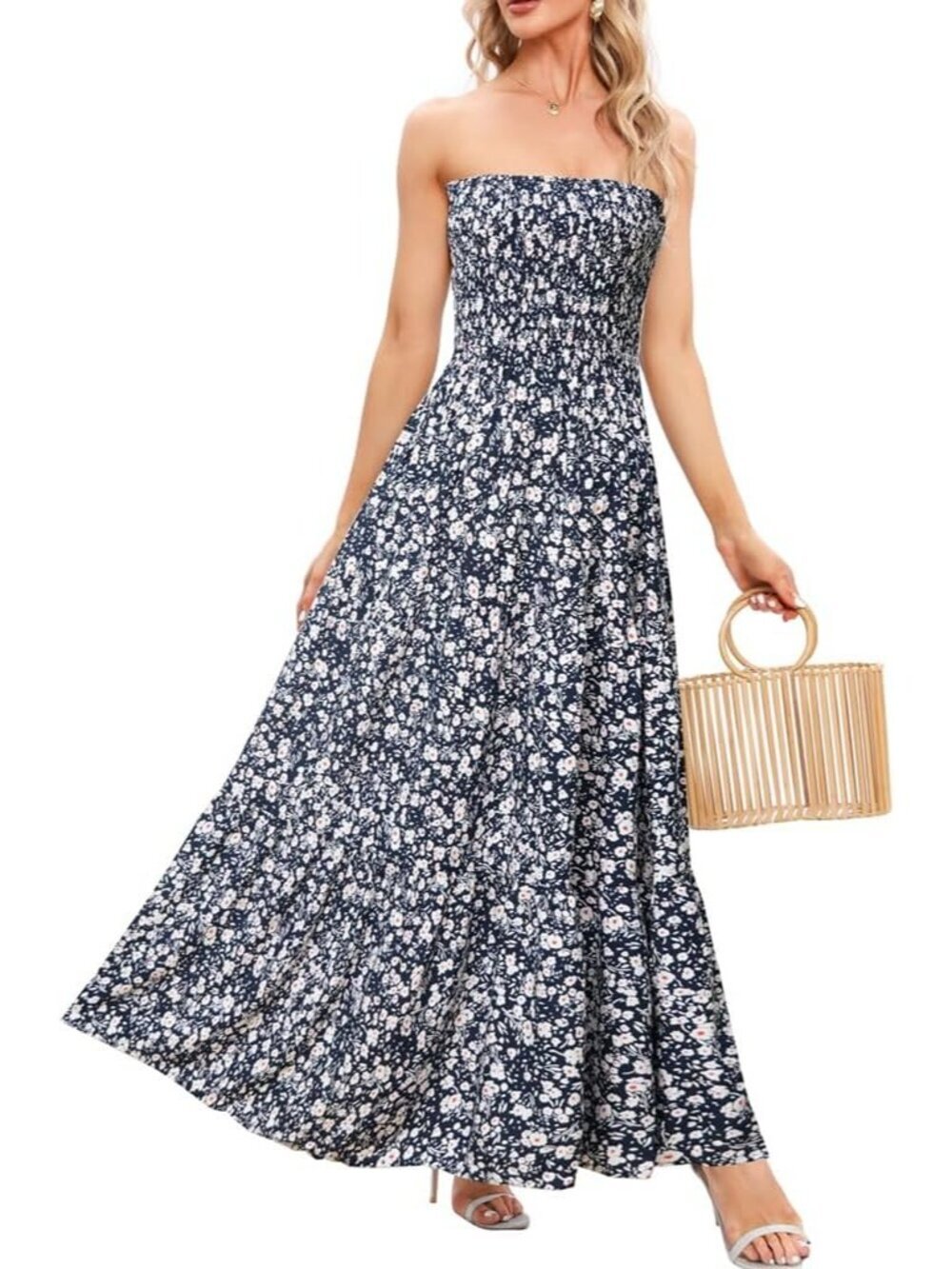 Women's Black Flower Casual Off Shoulder Strapless Tube Top Beach Maxi Dress - Picture 3 of 4